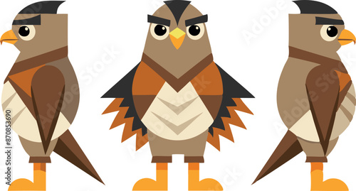 Cartoon illustration of hawk character in three poses with neutral background