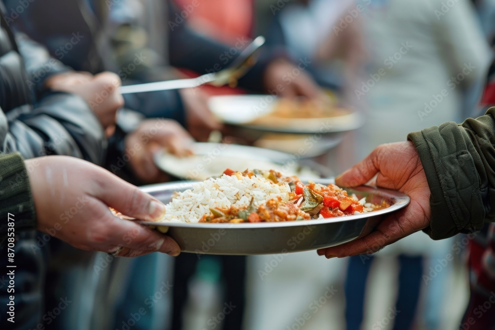 Unremembered volunteer giving hot food to refugees lined up at the aid center, focussed on hand holding a plate of rice Unremembered volunteer giving hot food to refugees lined up at the aid center, focussed on hand holding a plate of rice