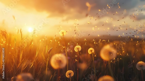 rection movement growth change meaning image conceptual background field summer wind blowing seeds Dandelion blowball offspring seed direction sunset business light scene progress copy space. photo