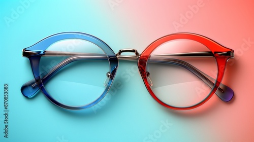  Elegant glasses on a pastel background. Optical store, selection of glasses, eye test, vision examination at the optician, concept of fashion accessories.