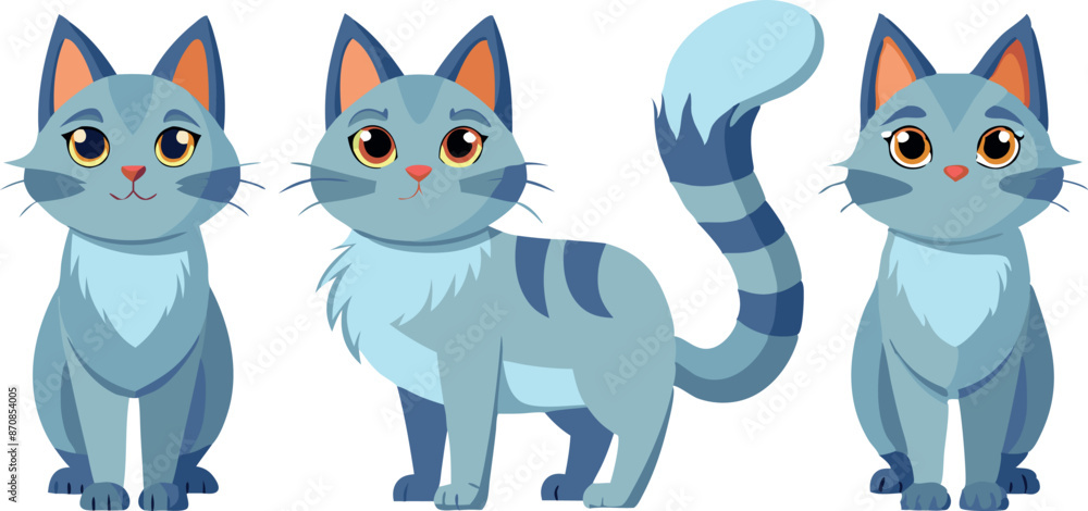 Three adorable cartoon cats with blue fur and orange eyes in various poses Three adorable cartoon cats with blue fur and orange eyes in various poses