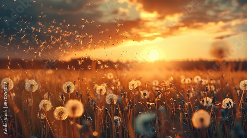 rection movement growth change meaning image conceptual background field summer wind blowing seeds Dandelion blowball offspring seed direction sunset business light scene progress copy space. photo