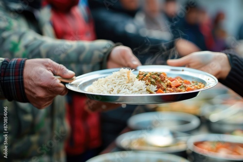 Unremembered volunteer giving hot food to refugees lined up at the aid center, focussed on hand holding a plate of rice photo