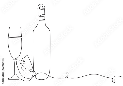 Leisure concept, wine time. Vine set Seamless Pattern. One line background cheese and vine bottle and glass. One line Continuous