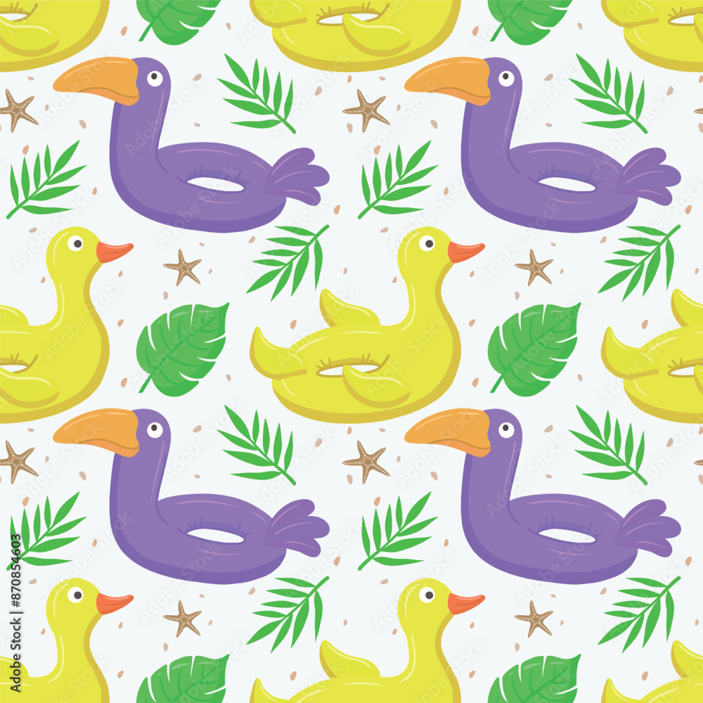 Seamless pattern with purple toucan and yellow duck. A float for the pool. Inflatable colorful ducks and toucans. A swimming circle. Vector template for your summer beach design Seamless pattern with purple toucan and yellow duck. A float for the pool. Inflatable colorful ducks and toucans. A swimming circle. Vector template for your summer beach design