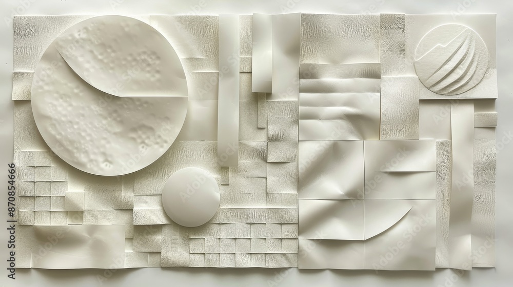 Fototapeta premium Subtle geometric embossed pattern on white paper with circles, squares, lines, and triangles forming intricate designs. Abstract minimalistic background for art, design, and decor concepts.