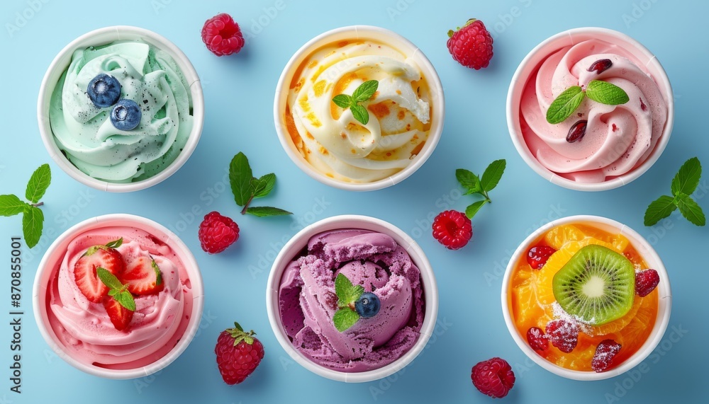 Gourmet flavours of Italian ice cream served in individual ice cream paper cups on blue background. Strawberry sorbet, blueberry ice cream Gourmet flavours of Italian ice cream served in individual ice cream paper cups on blue background. Strawberry sorbet, blueberry ice cream