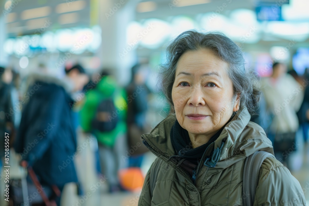 Portrait of a satisfied asian woman in her 70s wearing a functional windbreaker in bustling airport terminal Portrait of a satisfied asian woman in her 70s wearing a functional windbreaker in bustling airport terminal