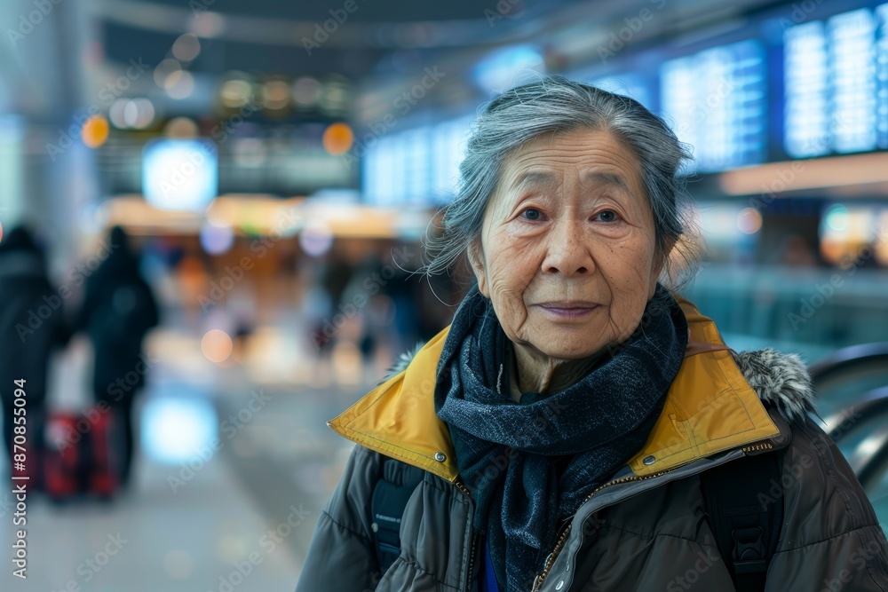 Portrait of a satisfied asian woman in her 70s wearing a functional windbreaker while standing against bustling airport terminal Portrait of a satisfied asian woman in her 70s wearing a functional windbreaker while standing against bustling airport terminal