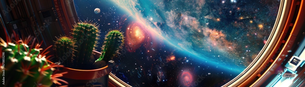 Obraz premium A small cactus in a space pod, traveling past colorful galaxies visible through a panoramic spacecraft window