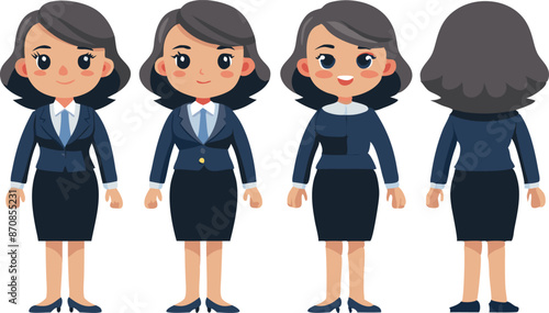 Cartoon business woman character in formal attire from different angles