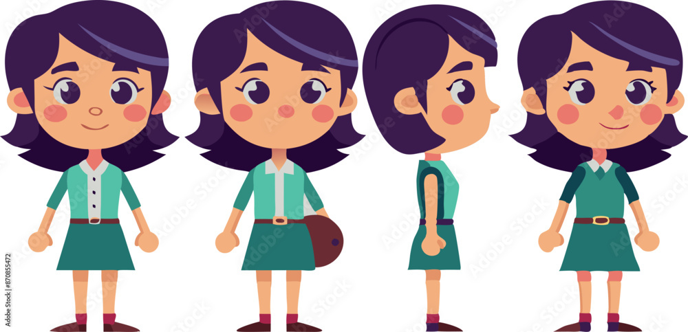 Cartoon school girl character in various poses for animation or character design Cartoon school girl character in various poses for animation or character design