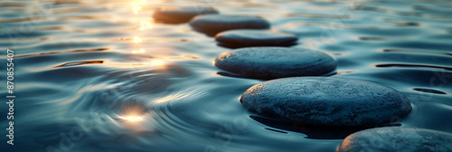 Zen path of smooth stones in water, mindfulness concept banner photo