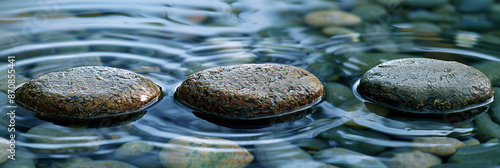 Zen path of smooth stones in water, mindfulness concept banner photo