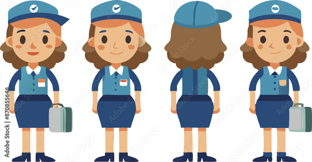 Cartoon vector illustration of female courier in uniform with front, side, and back views Cartoon vector illustration of female courier in uniform with front, side, and back views