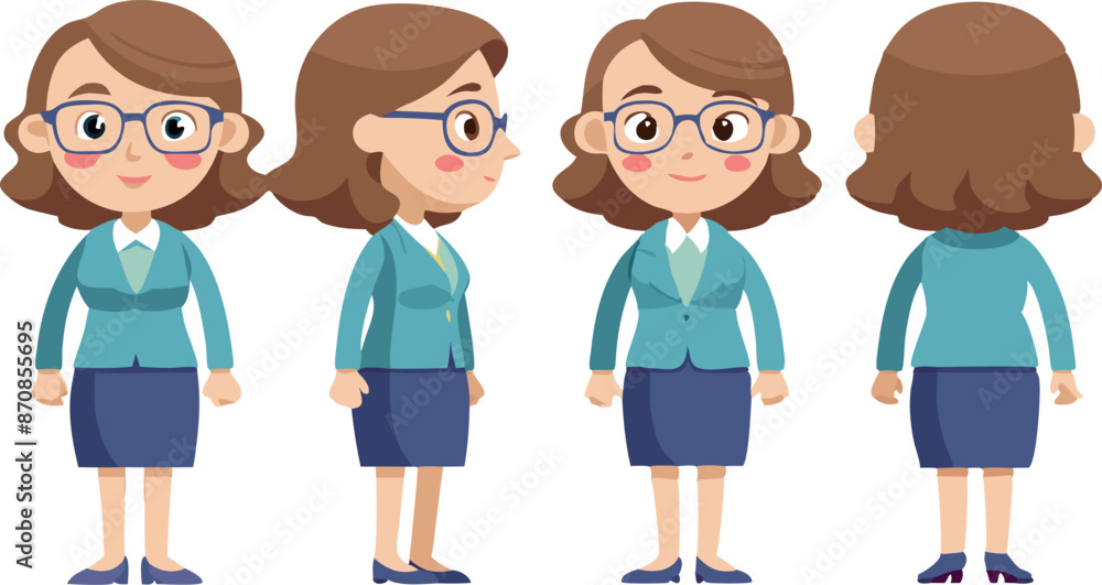 Character design of a businesswoman in multiple views with a professional outfit and glasses Character design of a businesswoman in multiple views with a professional outfit and glasses