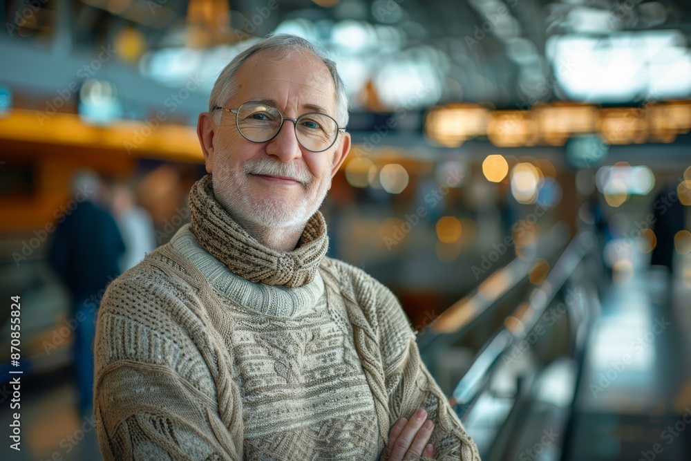 Portrait of a satisfied man in his 60s dressed in a warm wool sweater isolated on bustling airport terminal background Portrait of a satisfied man in his 60s dressed in a warm wool sweater isolated on bustling airport terminal background