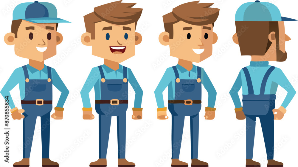 Cartoon character in work outfit from multiple angles with overalls and cap Cartoon character in work outfit from multiple angles with overalls and cap