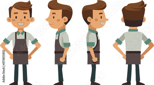 Cartoon character with apron smiling in various poses with side, front, and back views