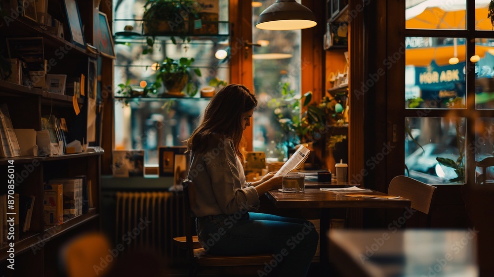 A schoolgirl sitting alone in a quiet cafe reviewing her school assignments A schoolgirl sitting alone in a quiet cafe reviewing her school assignments