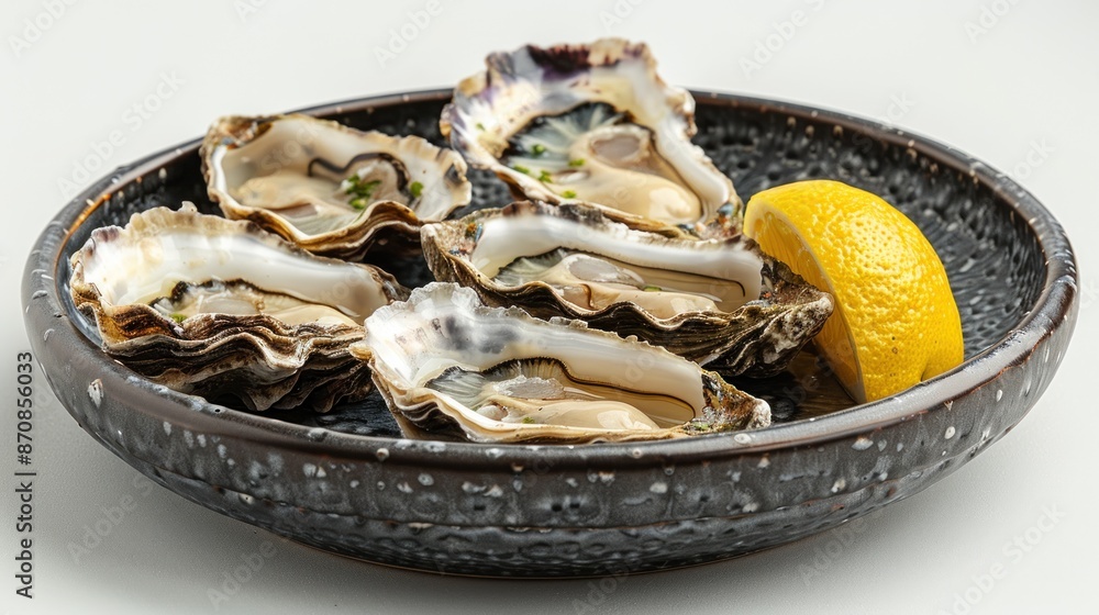 Oysters and Lemon on a Black Plate Oysters and Lemon on a Black Plate