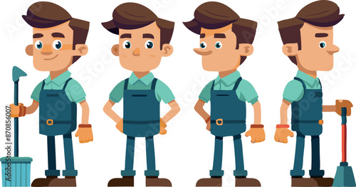 Cartoon janitor character in multiple poses with cleaning equipment