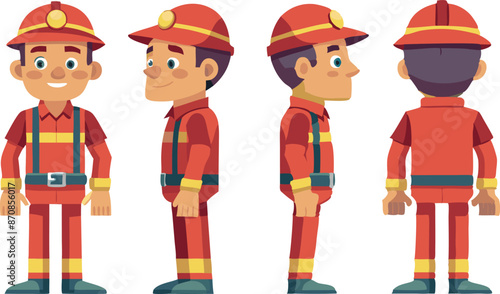 Cartoon firefighter character in various poses and angles for animation