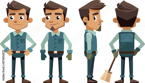 Cartoon character of a man in different poses with various expressions