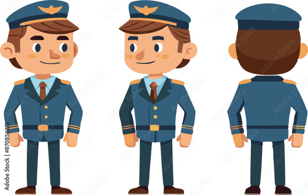 Cartoon illustration of a pilot in uniform from front, side, and back views Cartoon illustration of a pilot in uniform from front, side, and back views