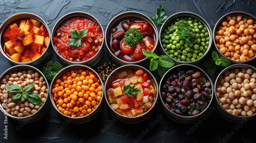 Assortment of Canned Goods in Metal Containers Assortment of Canned Goods in Metal Containers