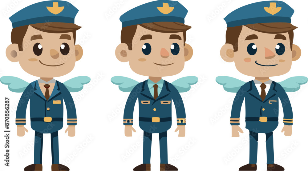 Illustration of cute cartoon pilots in uniform with wings Illustration of cute cartoon pilots in uniform with wings