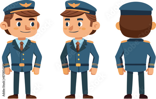 Cartoon illustration of a pilot in uniform from front, side, and back views