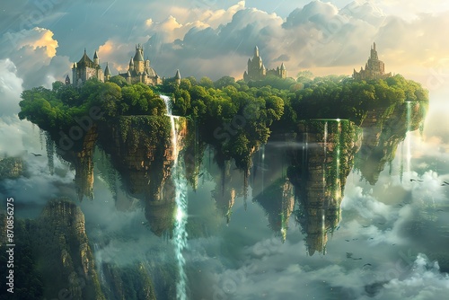 A fantasy floating island with waterfalls, lush vegetation and castle ruins, set against a dramatic sky.