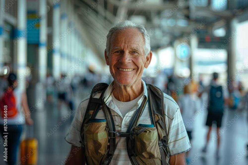 Portrait of a happy man in his 60s wearing a lightweight running vest while standing against bustling airport terminal Portrait of a happy man in his 60s wearing a lightweight running vest while standing against bustling airport terminal
