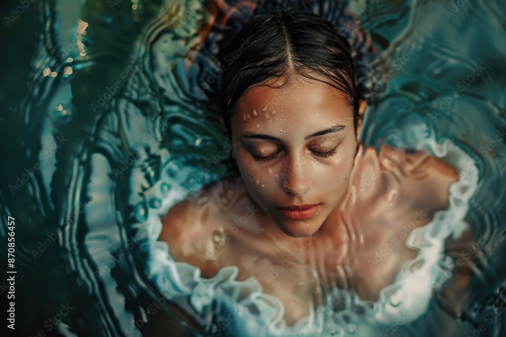 A woman is submerged in water with her eyes closed, possibly enjoying a relaxing moment or experiencing a sense of calm A woman is submerged in water with her eyes closed, possibly enjoying a relaxing moment or experiencing a sense of calm