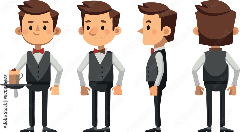 Cartoon waiter character in different poses with uniform and bow tie Cartoon waiter character in different poses with uniform and bow tie