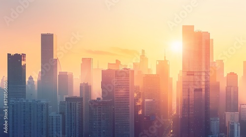 A panoramic view of a city skyline at sunrise, with the sun shining brightly behind the buildings.