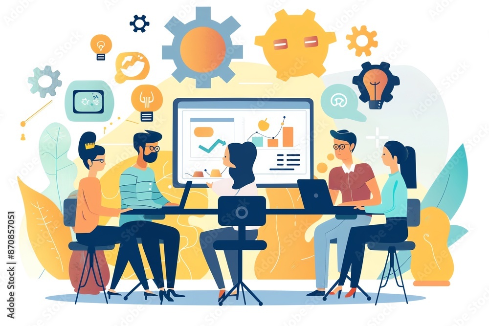 A team of five diverse people work together on a project, brainstorming and collaborating around a table with laptops A team of five diverse people work together on a project, brainstorming and collaborating around a table with laptops