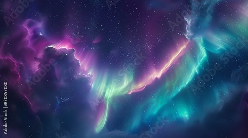 A vibrant aurora borealis display with swirling colors of purple, green, and blue against a dark night sky.