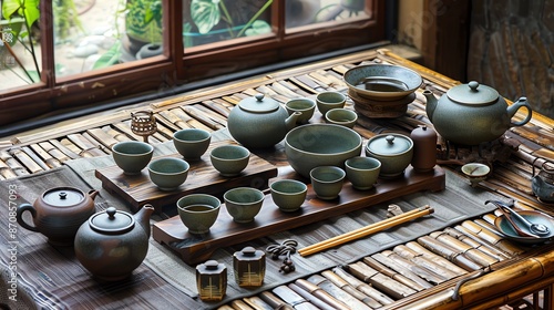 A traditional Chinese tea set with teapots, cups, and other accessories arranged on a wooden table. photo