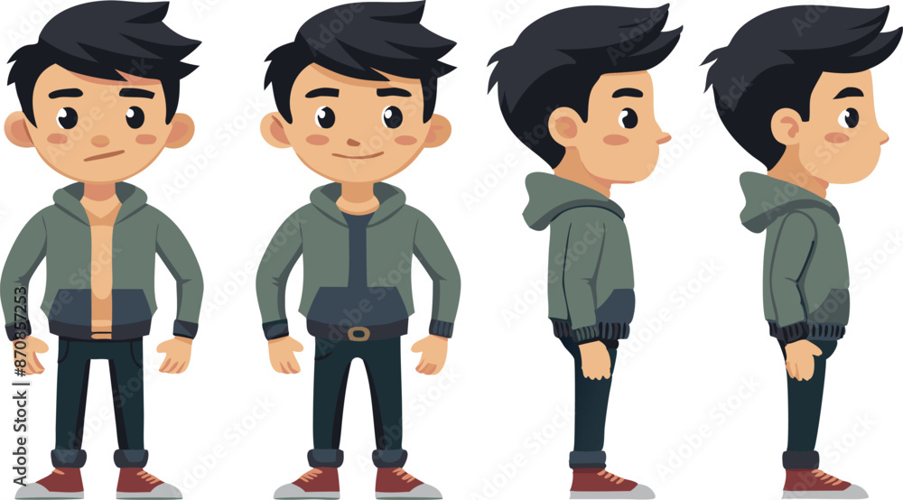 Character design front, side, and back view of young boy in casual clothing Character design front, side, and back view of young boy in casual clothing