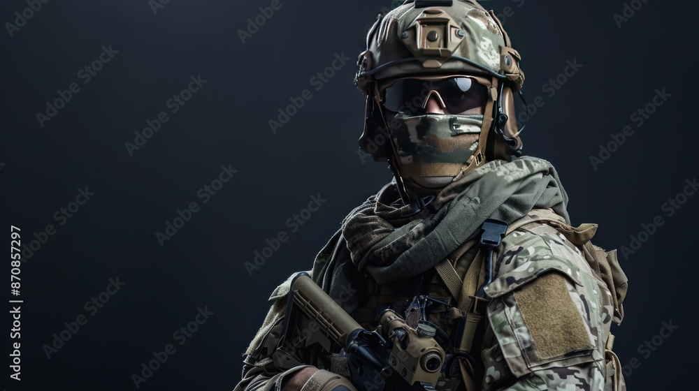 Close up of an Army Soldier in combat uniform with an assault rifle, wearing a combat helmet, Shemagh Kufiya scarf around his neck. dark background. Ai generated image Close up of an Army Soldier in combat uniform with an assault rifle, wearing a combat helmet, Shemagh Kufiya scarf around his neck. dark background. Ai generated image