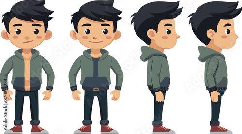 Character design front, side, and back view of young boy in casual clothing