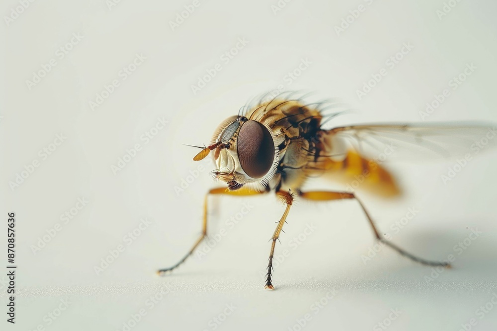 Fototapeta premium Macro photography of a fly sitting on a clean white surface