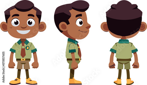 Cartoon boy scout character in uniform, front, side, and back views