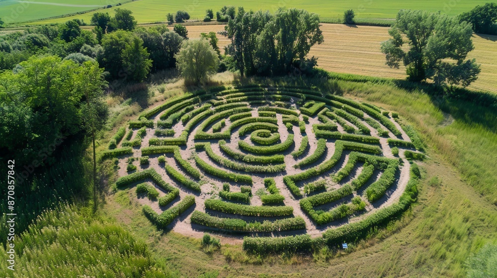 Aerial view of a large, circular hedge maze in a field. Aerial view of a large, circular hedge maze in a field.