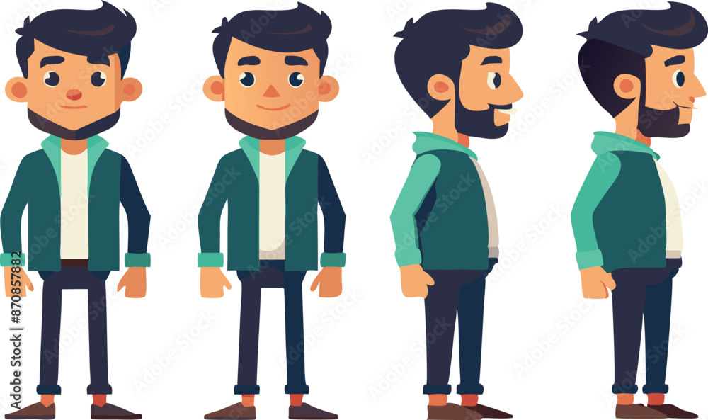 Cartoon character design showing multiple angles with bearded young man in casual outfit
