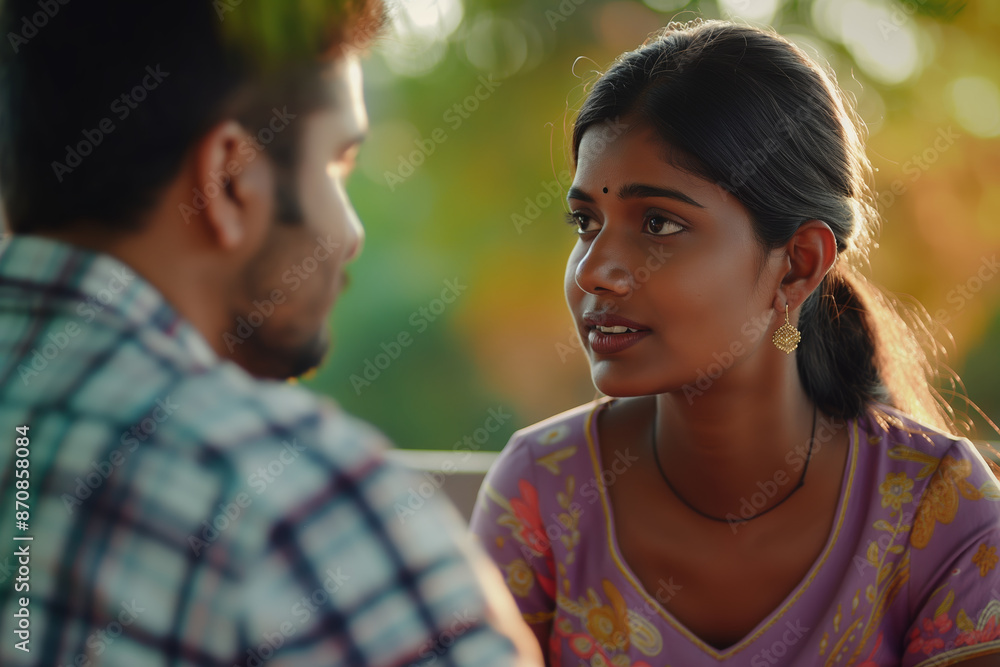 Young Couple Engaged in Serious Conversation Outdoors, Natural Light Young Couple Engaged in Serious Conversation Outdoors, Natural Light