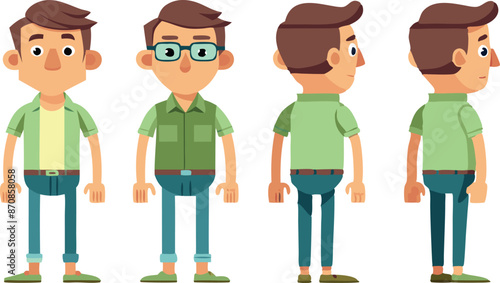 Cartoon character design with four different views, front, back, and sides