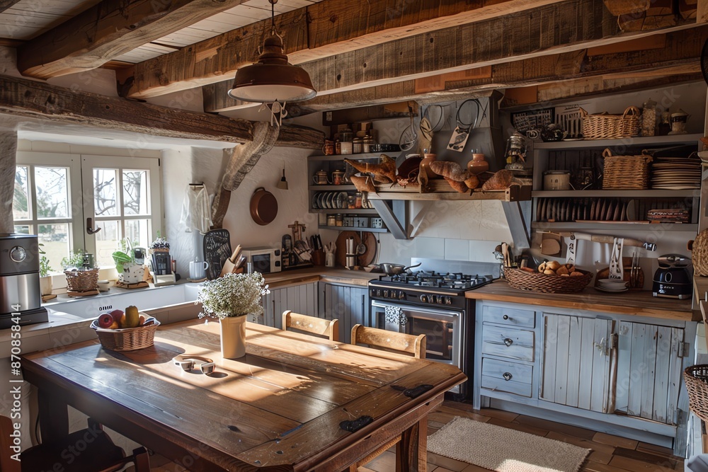 Rustic kitchen with wooden beams, a large window, and a farmhouse table. Rustic kitchen with wooden beams, a large window, and a farmhouse table.